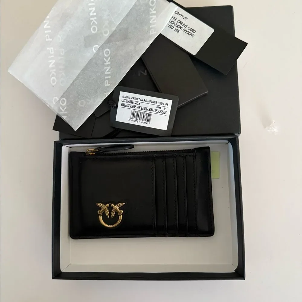 Pinko AIRONE Black Card Holder with Gold Detail & RED LIPS like new. With Box